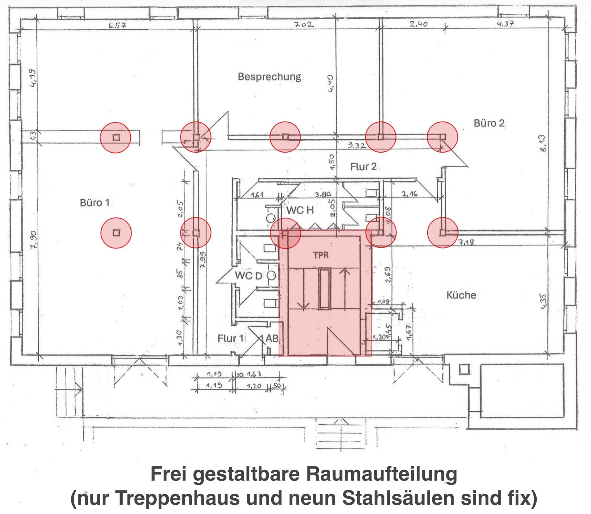 Frei gestaltbare Raumaufteilung: nur Treppenhaus und neun Stahlsäulen sind fix